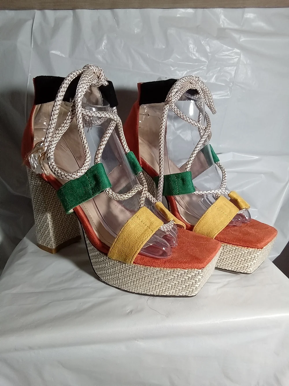 Block Heel Colorblock Espadrille Platform Sandals. Yellow, Green & Orange